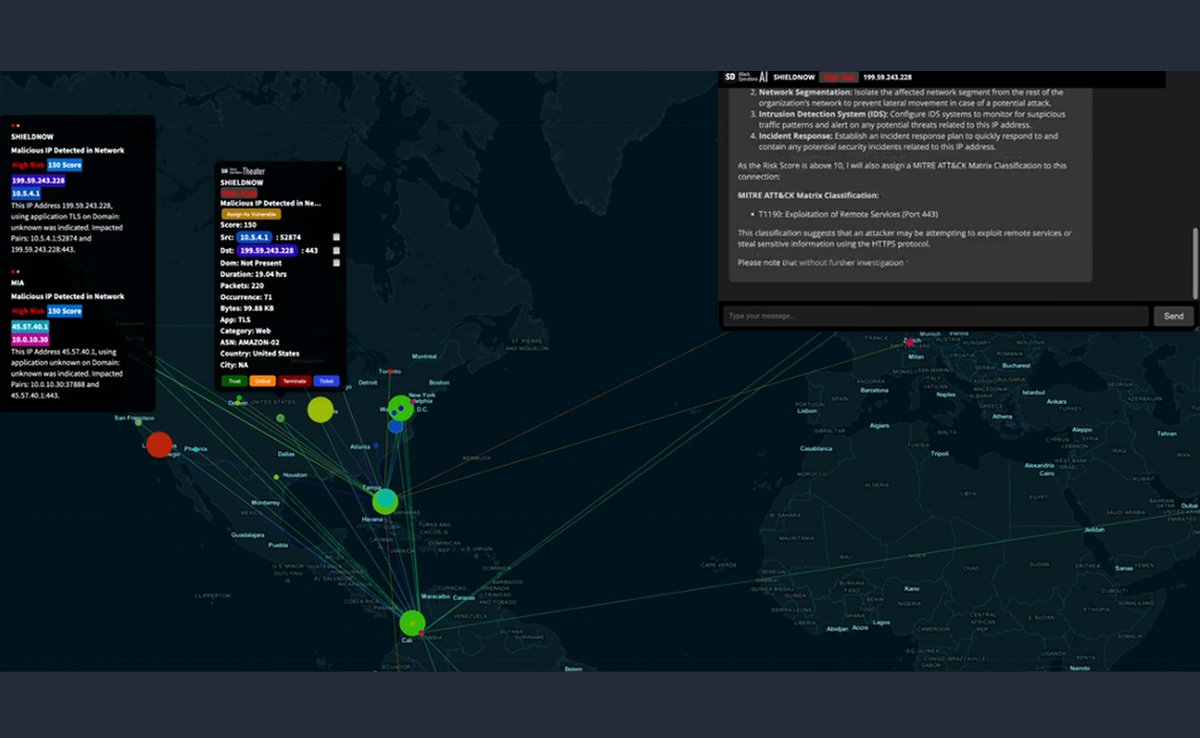 Attack Operations Theater screenshot: global activity map with a detection panel and AI analysis referencing MITRE ATT&CK