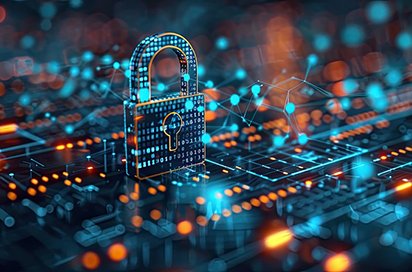 Padlock over dense circuit noise, representing threats hidden in everyday network traffic