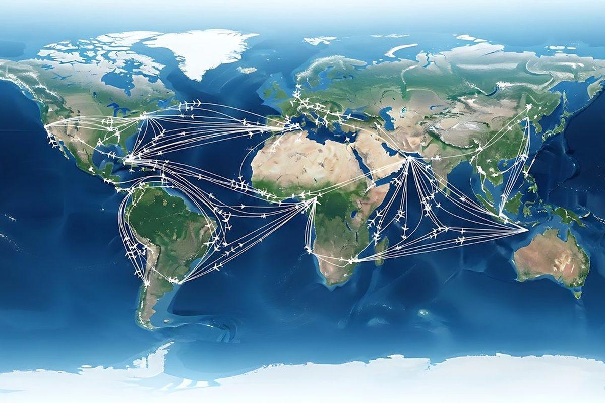 World map of connected flight routes