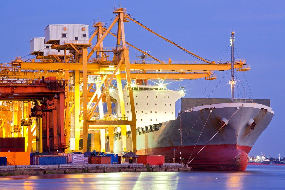 Container ship and cranes at a working port