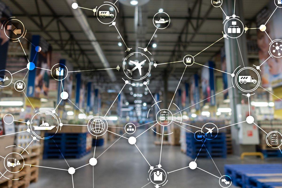 Warehouse aisle with supply chain icons overlaid