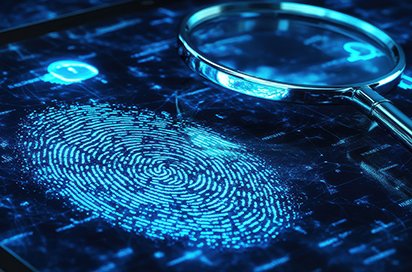 Digital fingerprint under a magnifier, representing measured evidence and verification