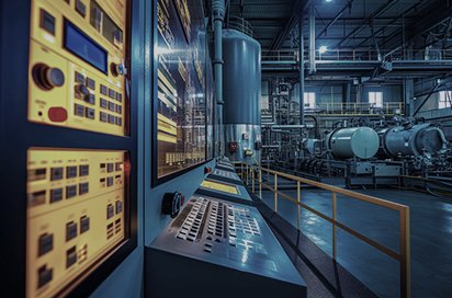 Industrial control panels on a plant floor, representing OT and IoT environments